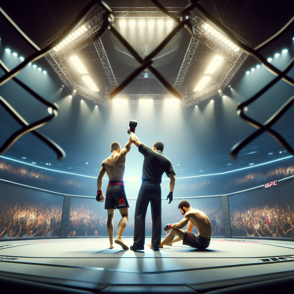 UFC weekly recap highlights: stoppage moment, injured fighter, dramatic octagon lighting.